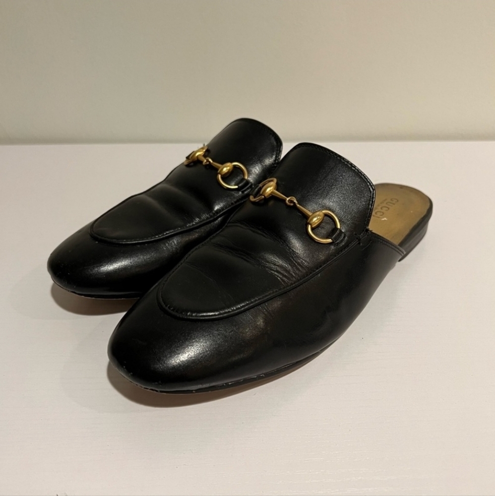 Gucci - Princetown Black and Gold Leather Loafers Mules Size 40 - Picture 6 of 8